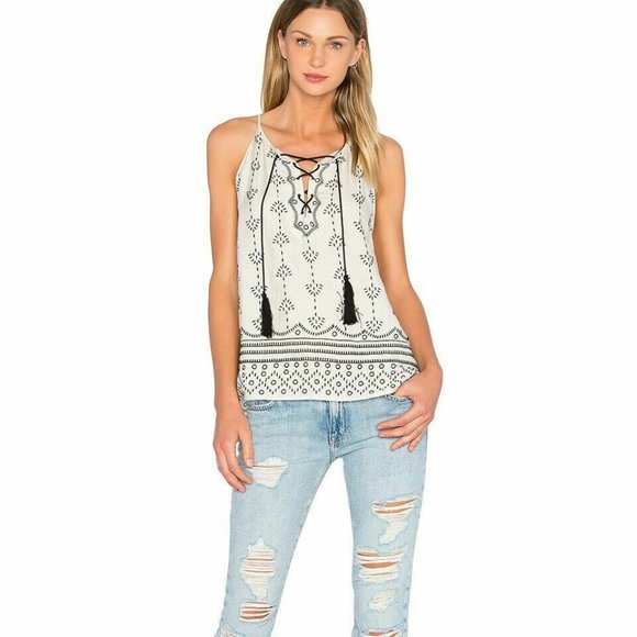 Joie Linen/Silk Embroidered Tassel Ties top M - Picture 2 of 4